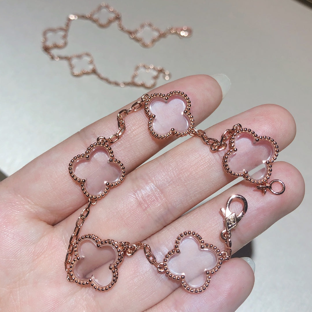 [Opulent Aurora]CLOVER 5 MOTIF ROCK CRYSTAL PINK GOLD BRACELET