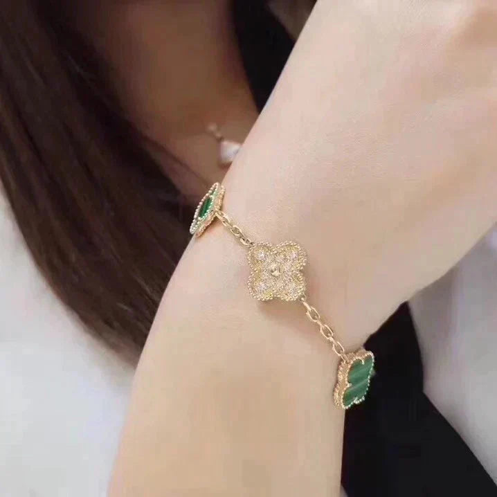 [Opulent Aurora]CLOVER  5 MOTIF MALACHITE DIAMOND BRACELET