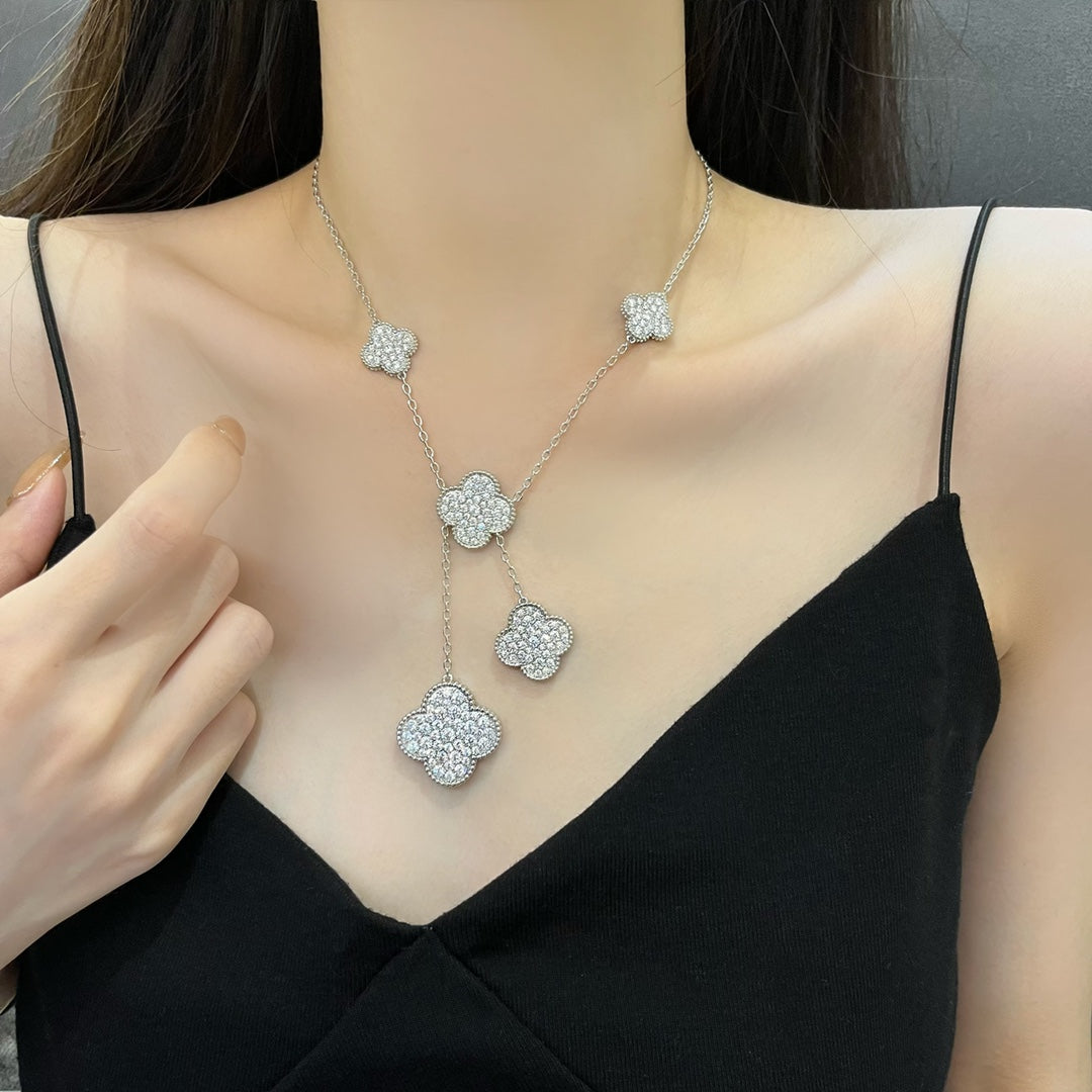 [Opulent Aurora]CLOVER 5 MOTIFS SILVER DIAMONDS NECKLACE