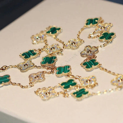 [Opulent Aurora]CLOVER 20 MOTIFS MALACHITE DIAMOND NECKLACE