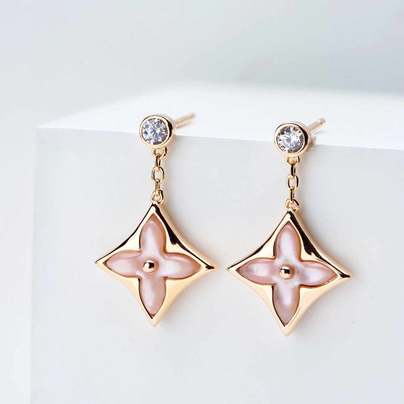 [Opulent Aurora]DOUBLE STAR PINK GOLD MOP DROP EARRINGS