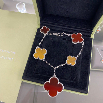 [Opulent Aurora]CLOVER 5 MOTIFS SIVLER CARNELIAN TIGER EYE BRACELET