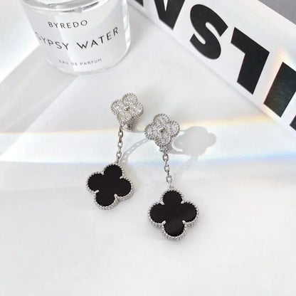 [Opulent Aurora]CLOVER 2 MOTIFS  DIAMOND ONYX EARRINGS SILVER