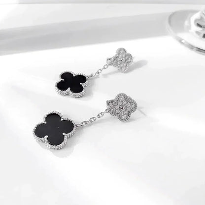 [Opulent Aurora]CLOVER 2 MOTIFS  DIAMOND ONYX EARRINGS SILVER