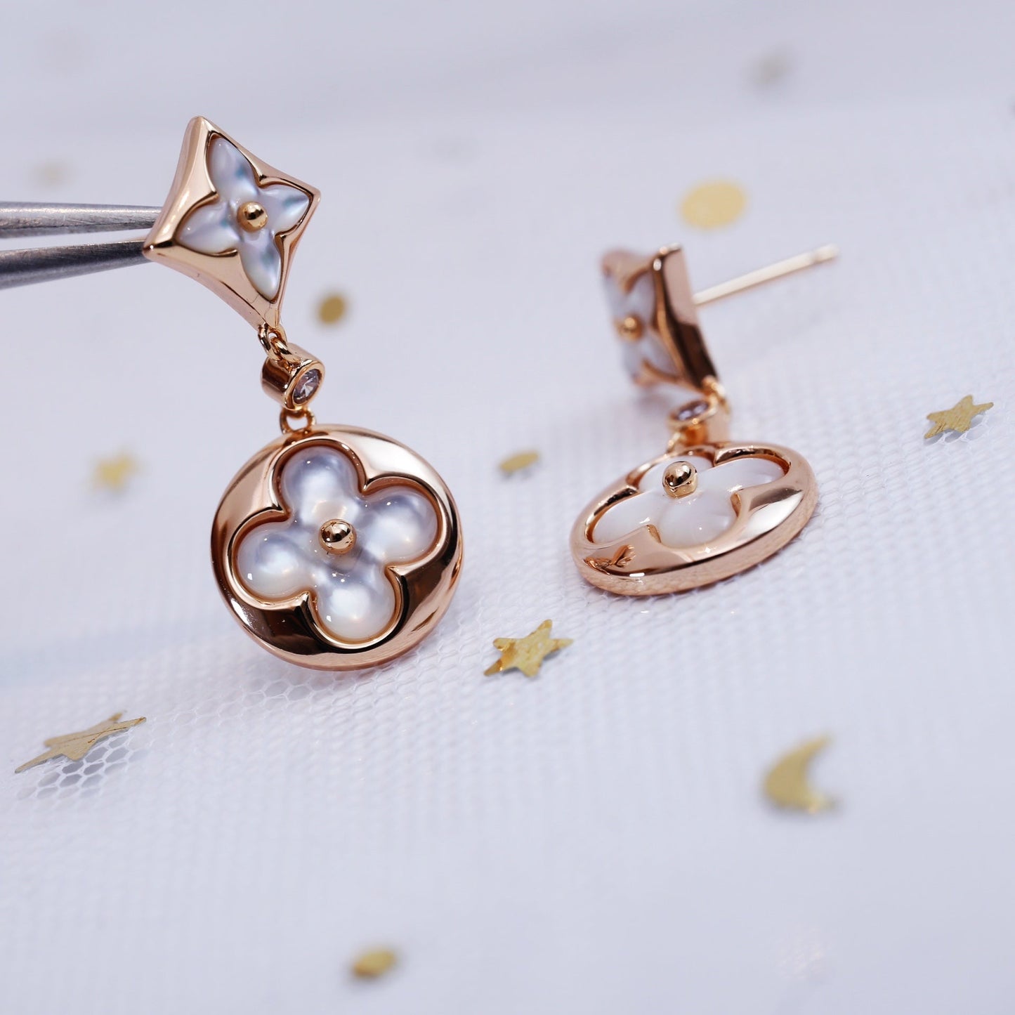 [Opulent Aurora]STAR AND SUN PINK GOLD MOP DROP EARRINGS