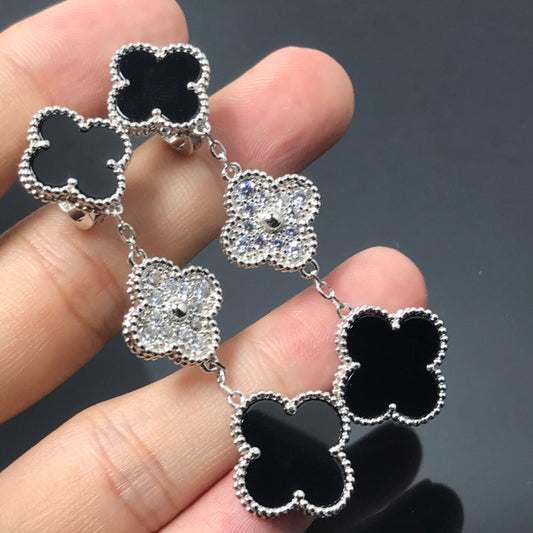 [Opulent Aurora]CLOVER 3 MOTIF DIAMOND ONYX SILVER EARRINGS