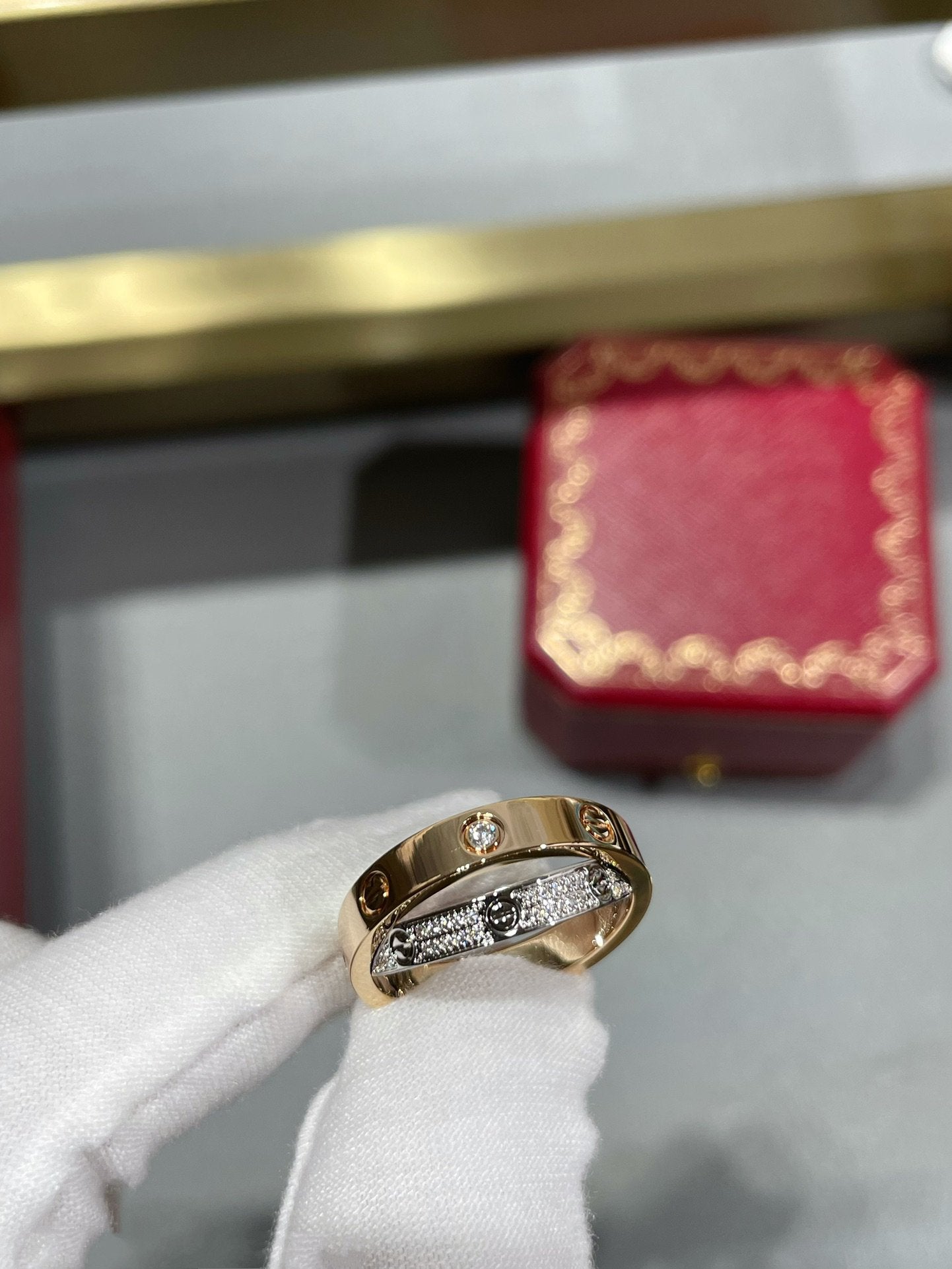 [Opulent Aurora]LOVE PINK GOLD SILVER DIAMOND DOUBLE RING