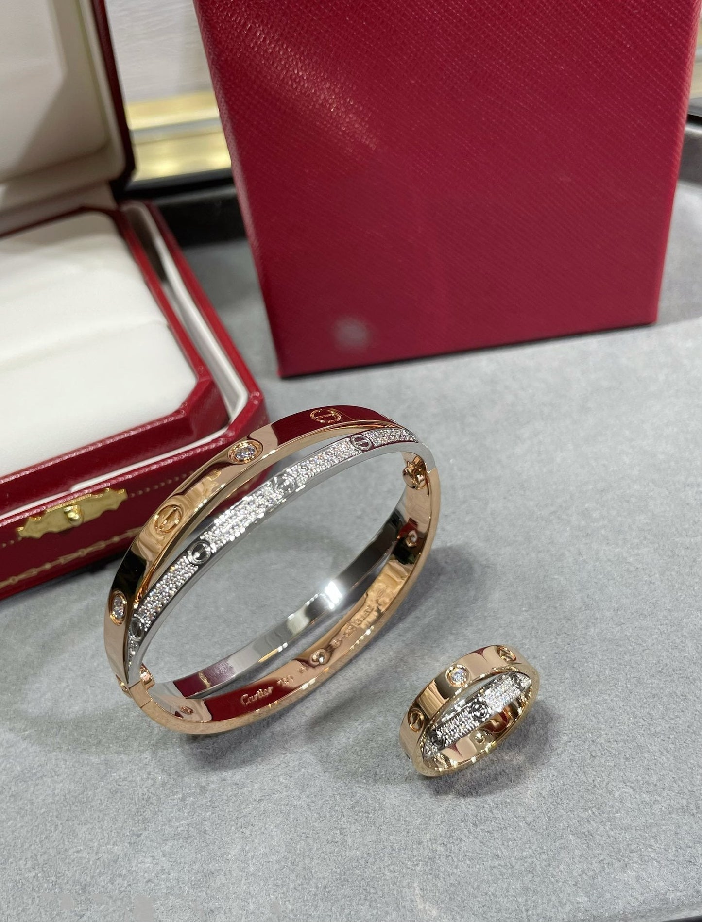 [Opulent Aurora]LOVE PINK GOLD SILVER DIAMOND DOUBLE RING