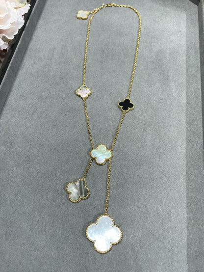 [Opulent Aurora]CLOVER 6 MOTIF MOP ONYX GOLD NECKLACE