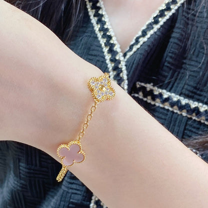 [Opulent Aurora]CLOVER 5 MOTIF DIAMOND PINK MOP PINK GOLD BRACELET