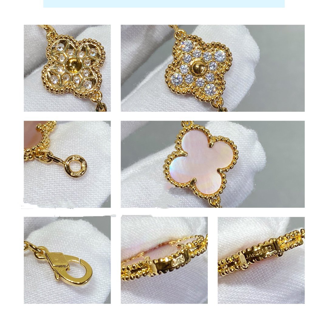 [Opulent Aurora]CLOVER 5 MOTIF DIAMOND PINK MOP PINK GOLD BRACELET