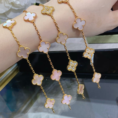 [Opulent Aurora]CLOVER 5 MOTIF DIAMOND PINK MOP PINK GOLD BRACELET