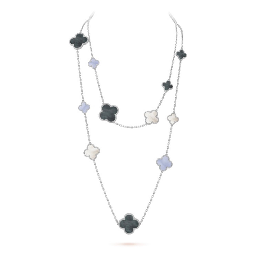 [Opulent Aurora]CLOVER 16 MOTIF CHALCEDONY MOP SILVER NECKLACE