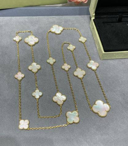 [Opulent Aurora]CLOVER 16 MOTIF WHITE MOP GOLD NECKLACE