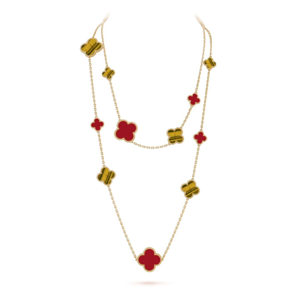 [Opulent Aurora]CLOVER 16 MOTIF CARNELIAN TIGER EYE ROSE GOLD NECKLACE