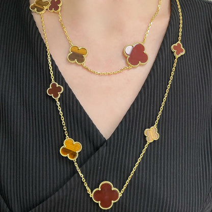 [Opulent Aurora]CLOVER 16 MOTIF CARNELIAN TIGER EYE ROSE GOLD NECKLACE