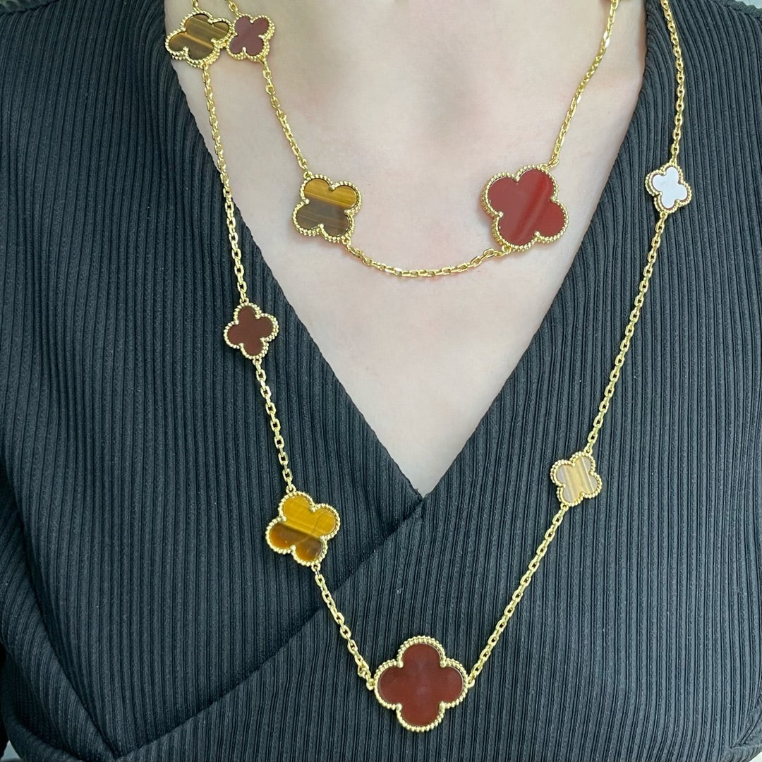 [Opulent Aurora]CLOVER 16 MOTIF CARNELIAN TIGER EYE ROSE GOLD NECKLACE