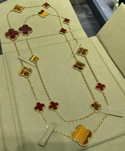 [Opulent Aurora]CLOVER 16 MOTIF CARNELIAN TIGER EYE ROSE GOLD NECKLACE