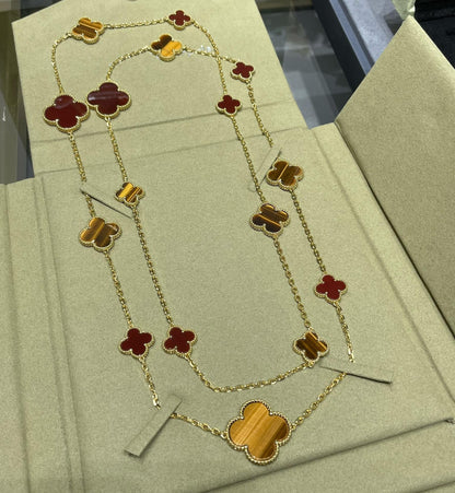 [Opulent Aurora]CLOVER 16 MOTIF CARNELIAN TIGER EYE ROSE GOLD NECKLACE