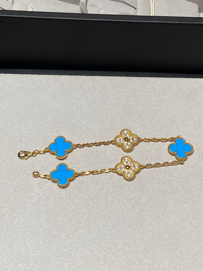 [Opulent Aurora]CLOVER 5 MOTIF BLUE CHALCEDONY DIAMOND GOLD BRACELET