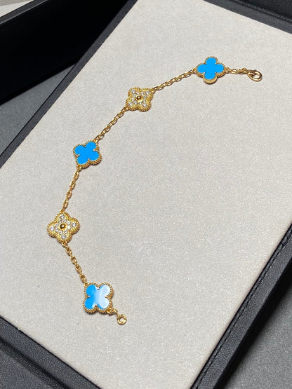 [Opulent Aurora]CLOVER 5 MOTIF BLUE CHALCEDONY DIAMOND GOLD BRACELET