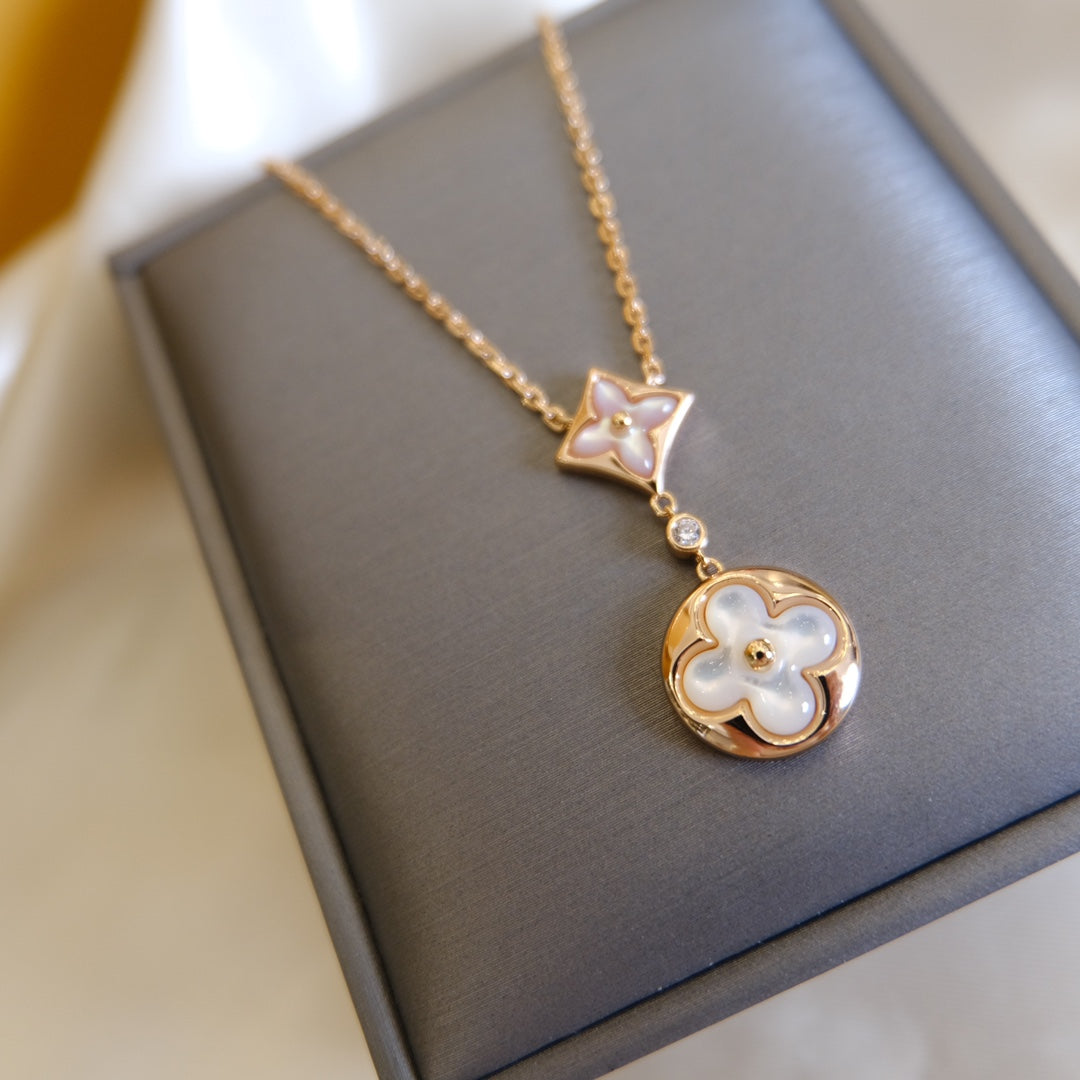 [Opulent Aurora]STAR AND SUN WHITE MOP 2 MOTIF PINK GOLD NECKLACE