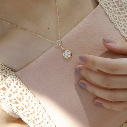 [Opulent Aurora]STAR AND SUN WHITE MOP 2 MOTIF PINK GOLD NECKLACE