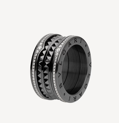 [Opulent Aurora]ZERO 1 ROCK FOUR-BAND BLACK CERAMIC WITH STUDDED SPIRAL AND PAVED DIAMONDS RING