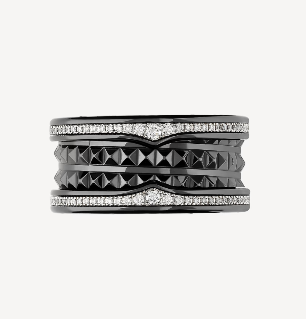 [Opulent Aurora]ZERO 1 ROCK FOUR-BAND BLACK CERAMIC WITH STUDDED SPIRAL AND PAVED DIAMONDS RING