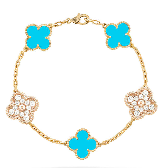 [Opulent Aurora]CLOVER 5 MOTIF TURQUOISE DIAMOND GOLD BRACELET