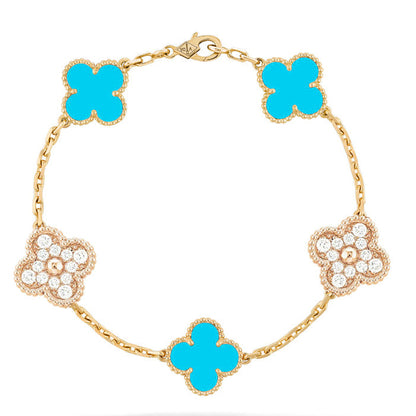 [Opulent Aurora]CLOVER 5 MOTIF TURQUOISE DIAMOND GOLD BRACELET