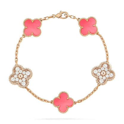 [Opulent Aurora]CLOVER 5 MOTIF DIAMOND PINK MOP PINK GOLD BRACELET