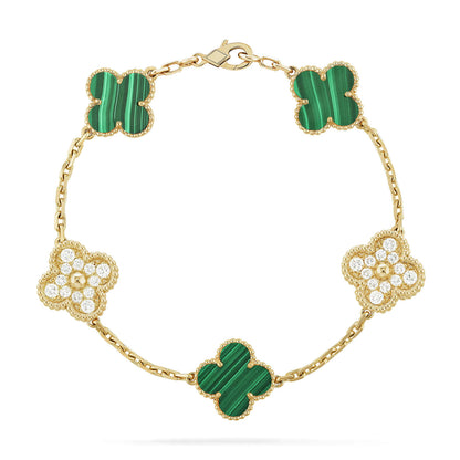 [Opulent Aurora]CLOVER  5 MOTIF MALACHITE DIAMOND BRACELET