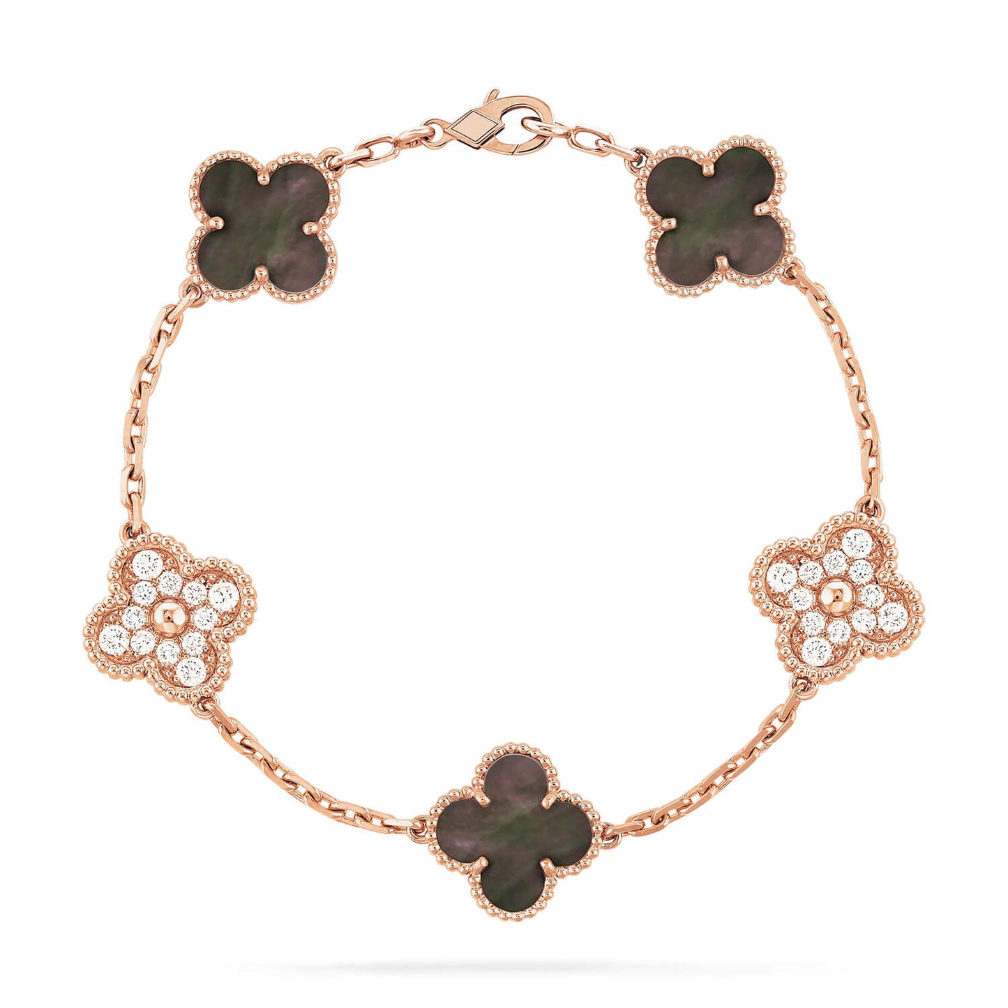 [Opulent Aurora]CLOVER 5 MOTIFS DARK MOP AND DIAMONDS PINK GOLD BRACELET