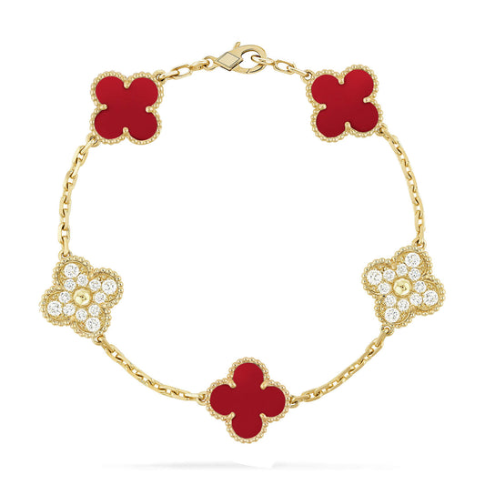 [Opulent Aurora]CLOVER 5 MOTIFS CARNELIAN DIAMOND BRACELET