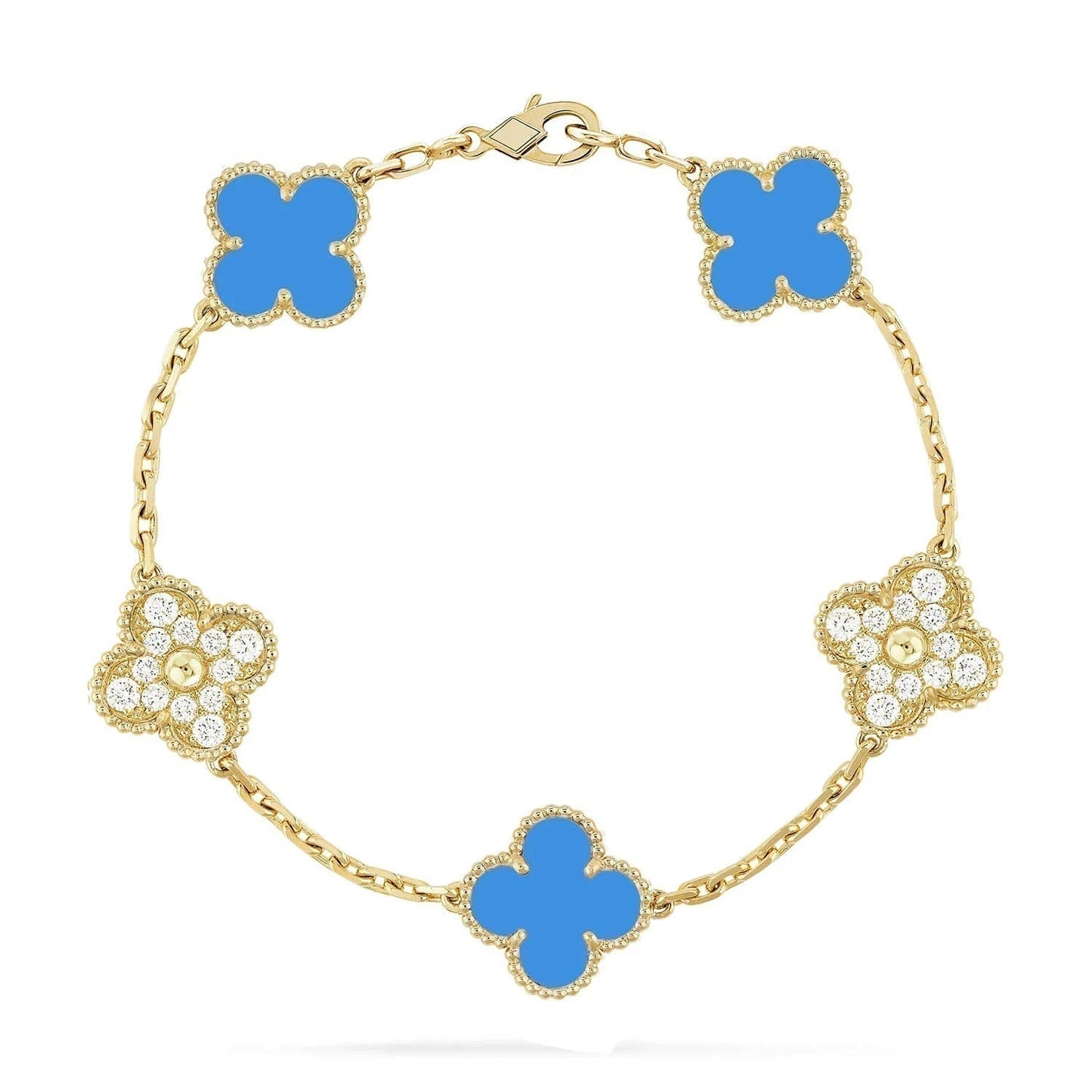 [Opulent Aurora]CLOVER 5 MOTIF BLUE CHALCEDONY DIAMOND GOLD BRACELET