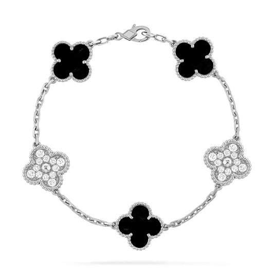 [Opulent Aurora]CLOVER 5 MOTIF ONYXS DIAMOND BRACELET SILVER