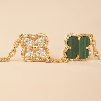 [Opulent Aurora]CLOVER  5 MOTIF MALACHITE DIAMOND BRACELET