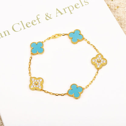 [Opulent Aurora]CLOVER 5 MOTIF TURQUOISE DIAMOND GOLD BRACELET