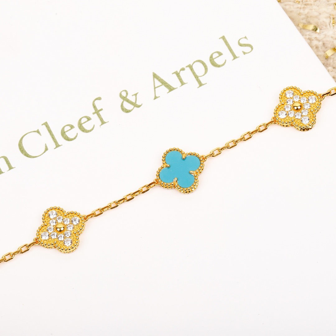 [Opulent Aurora]CLOVER 5 MOTIF TURQUOISE DIAMOND GOLD BRACELET