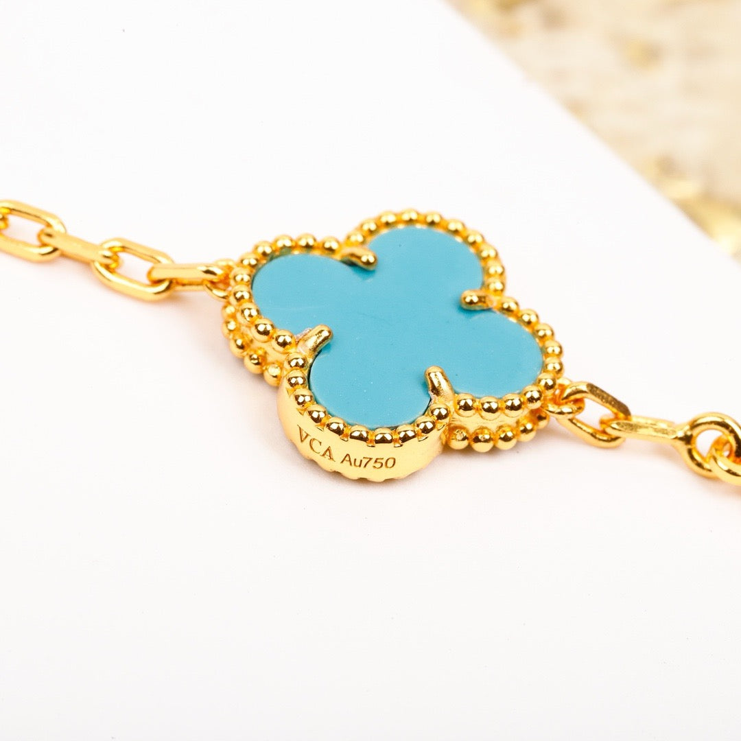 [Opulent Aurora]CLOVER 5 MOTIF TURQUOISE DIAMOND GOLD BRACELET