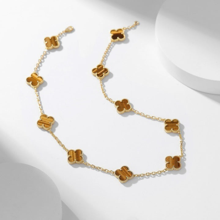 [Opulent Aurora]CLOVER 10 MOTIFS TIGER EYE NECKLACE