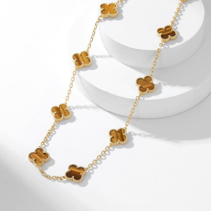 [Opulent Aurora]CLOVER 10 MOTIFS TIGER EYE NECKLACE