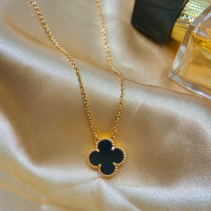 [Opulent Aurora]CLOVER 15MM BLACK ONYX SINGLE FLOWER NECKLACE