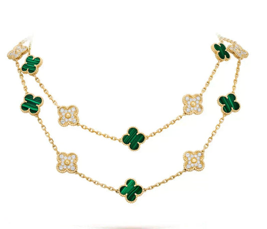 [Opulent Aurora]CLOVER 20 MOTIFS MALACHITE DIAMOND NECKLACE