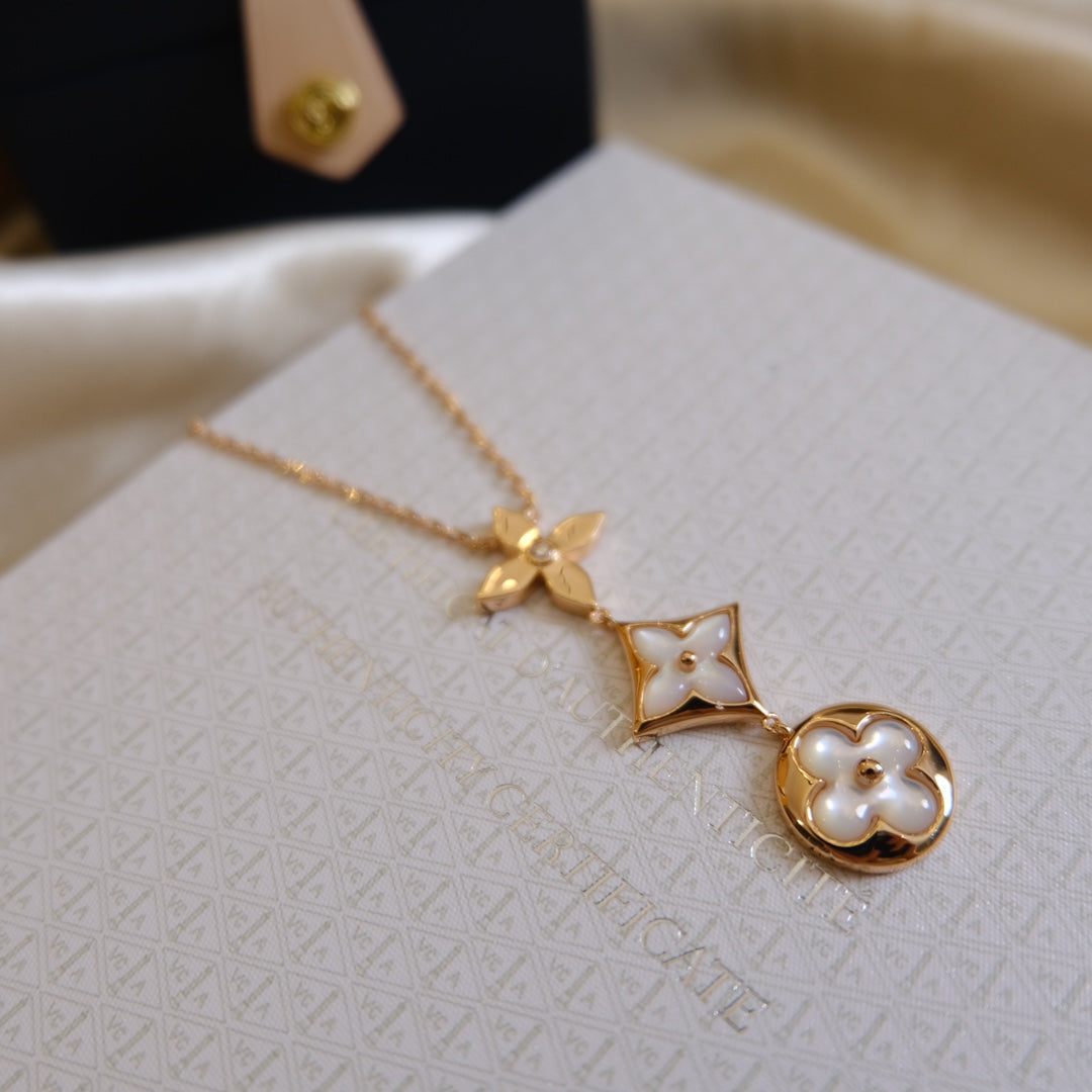 [Opulent Aurora]COLOR BLOSSOM LARIAT NECKLACE PINK GOLD WHITE MOTHER PEARL AND DIAMOND