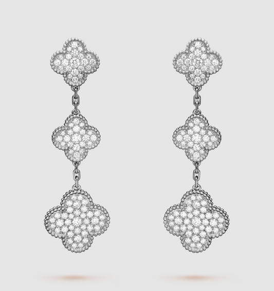 [Opulent Aurora]CLOVER 3 MOTIF DIAMOND SILVER DROP EARRINGS