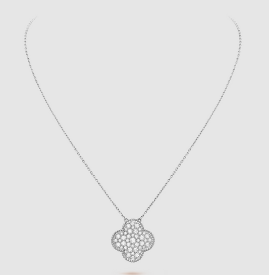 [Opulent Aurora]CLOVER 25MM LARGE PENDANT DIAMOND PAVED SILVER NECKLACE