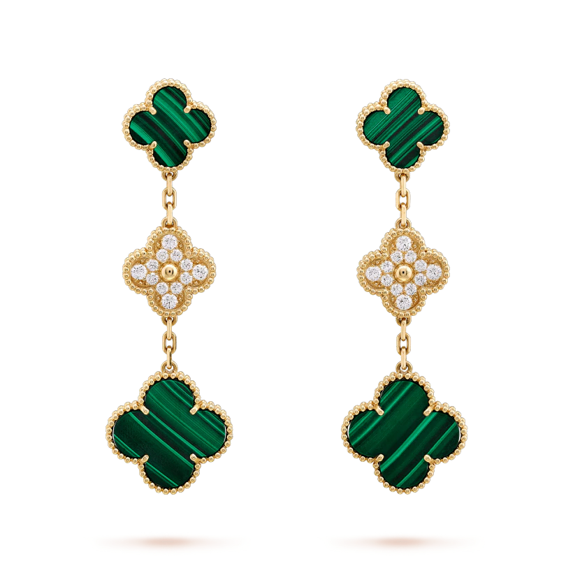 [Opulent Aurora]CLOVER EARRINGS GOLD MALACHITE DIAMOND 3 MOTIF