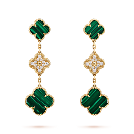 [Opulent Aurora]CLOVER EARRINGS GOLD MALACHITE DIAMOND 3 MOTIF